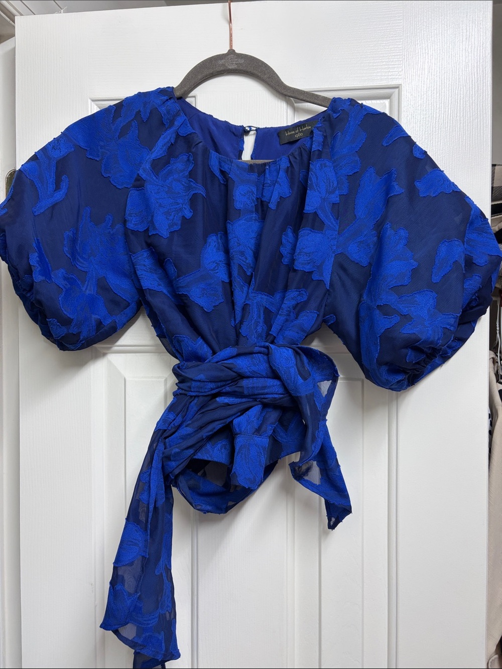 House of Harlow 1960 Royal Blue Floral Puff-Sleeve Tie-Front Blouse